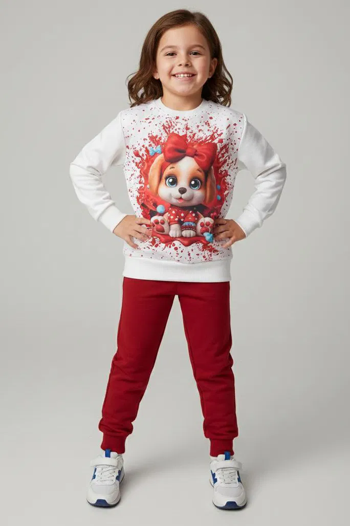 Kız Çocuk Bordo Baskılı Pijama Takımı - 28166-BORDO - TOFİSA