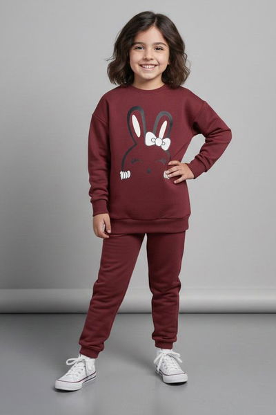 Kız Çocuk Bordo Baskılı Pijama Takımı - 28177-BORDO 