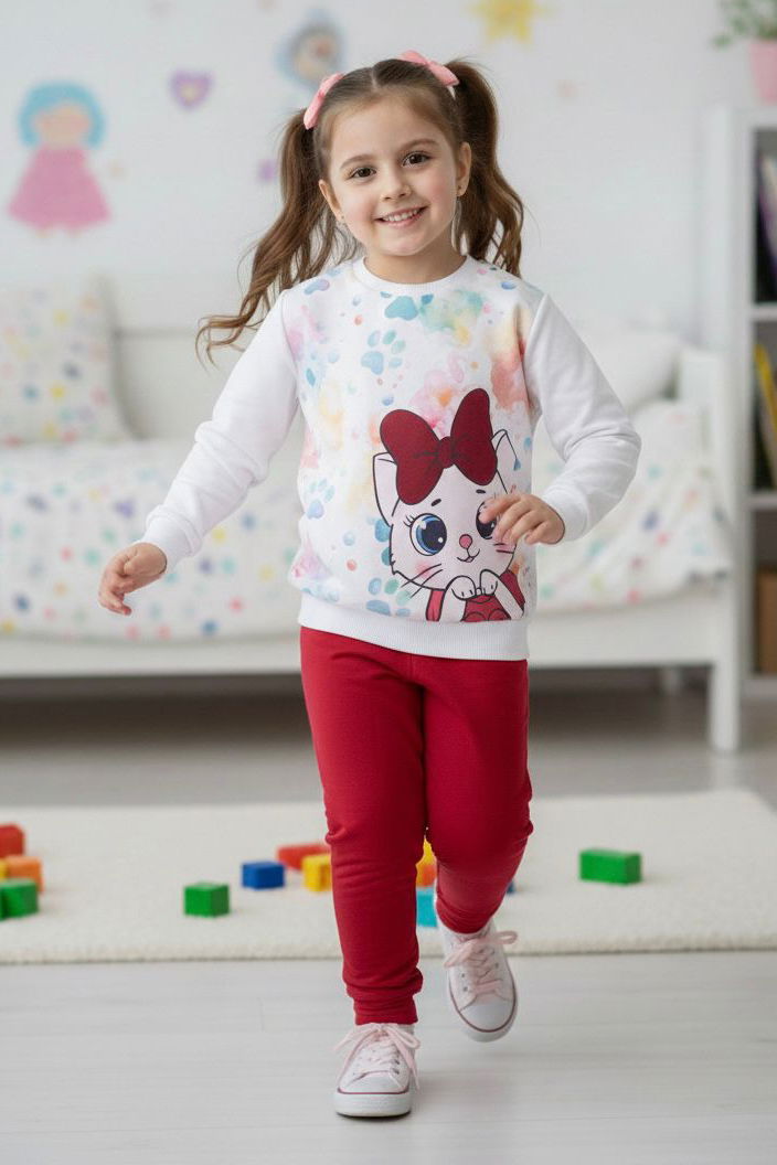 Kız Çocuk Bordo Baskılı Şardonlu Pijama Takımı - 28236-BORDO - 1