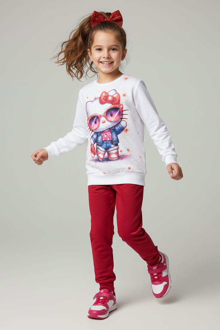 Kız Çocuk Bordo Baskılı Şardonlu Pijama Takımı - 28237-BORDO - 1