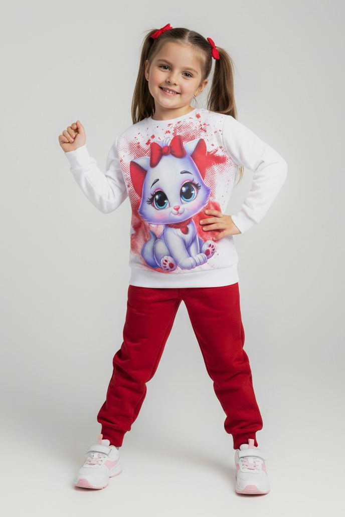 Kız Çocuk Bordo Baskılı Şardonlu Pijama Takımı - 28238-BORDO - 1