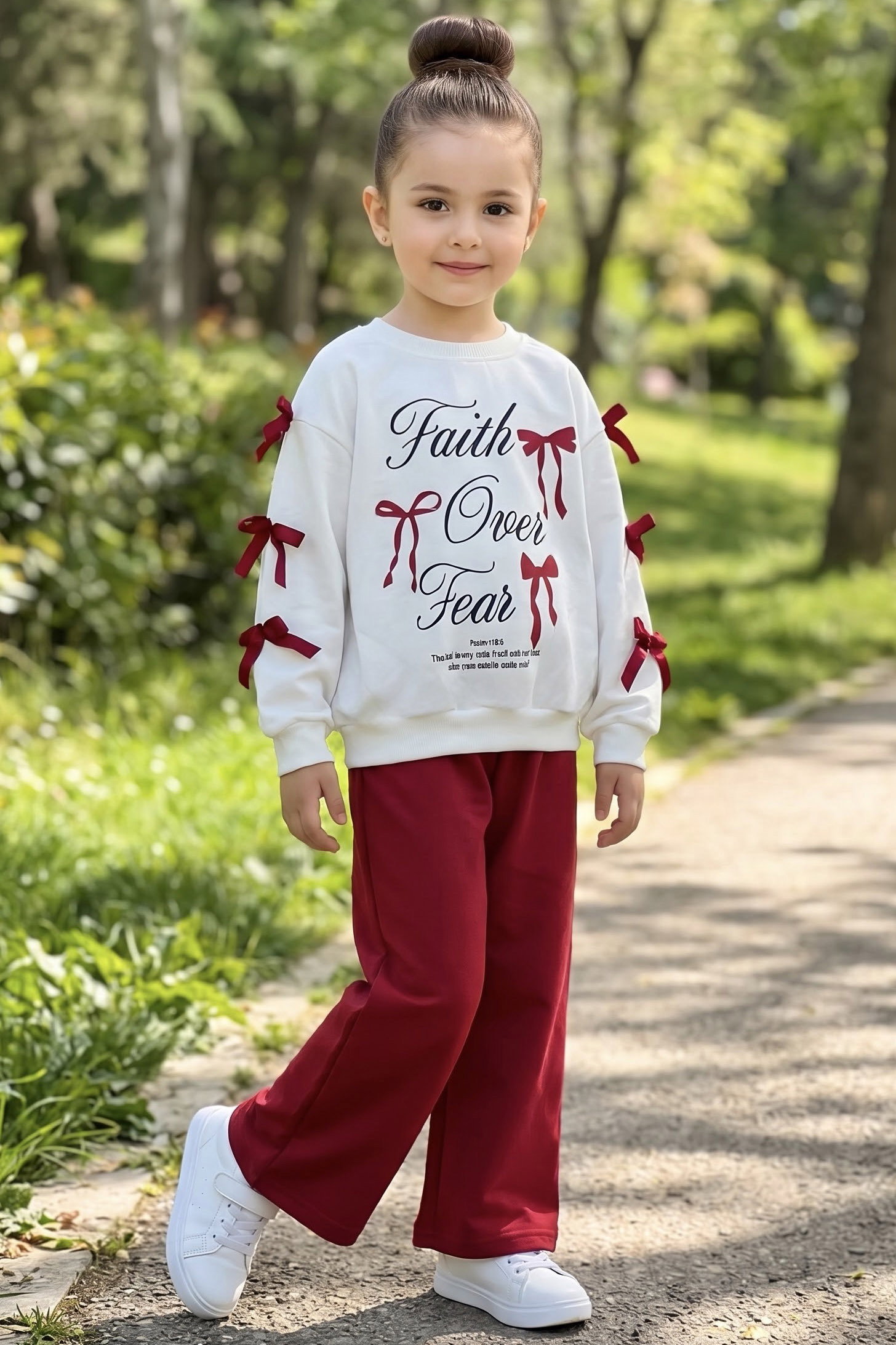 Kız Çocuk Bordo Basklı Fiyonklu İkilim Takım - 29331-BORDO - 1