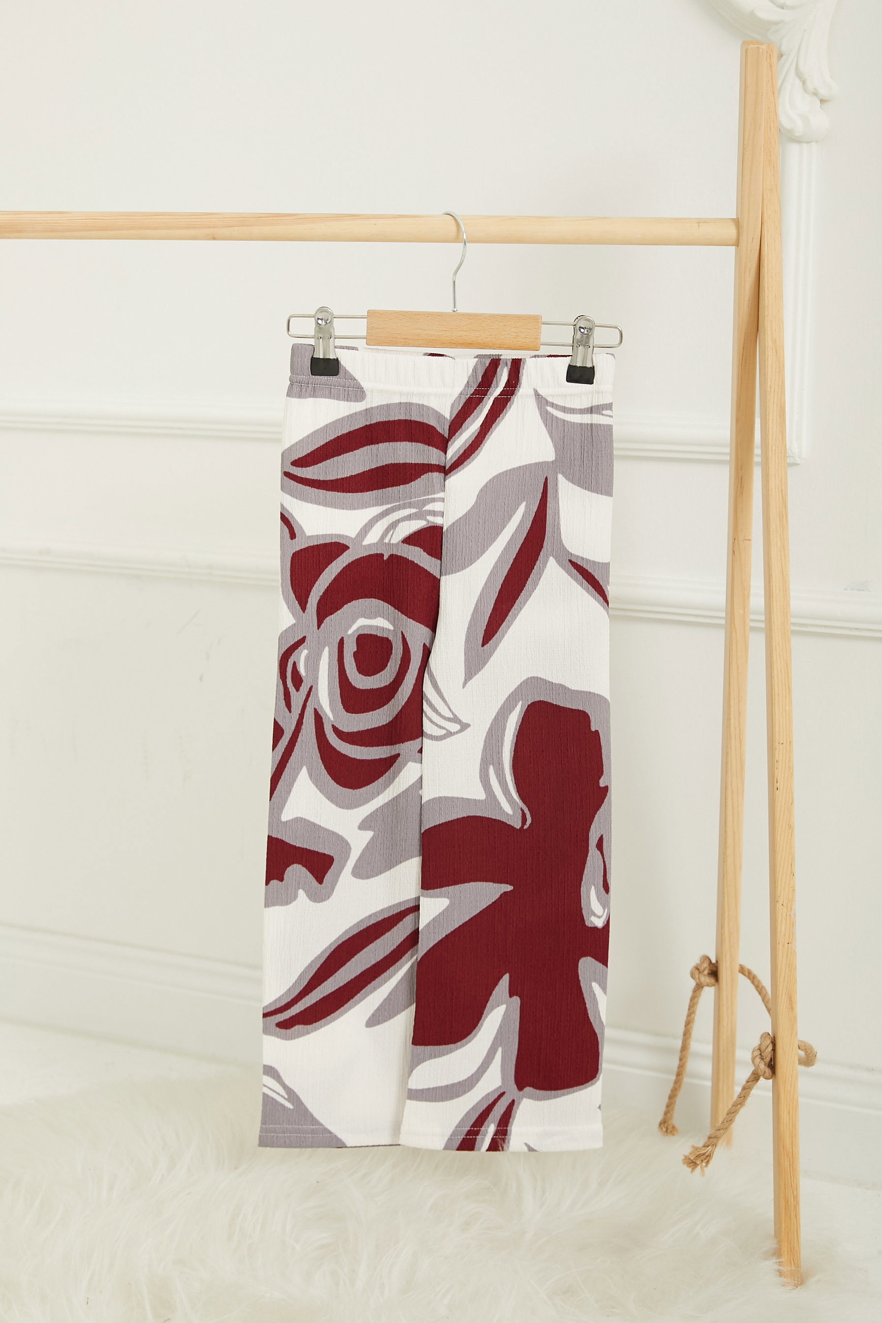 Kız Çocuk Bordo Kız Çocuk Desenli Beli Lastikli Pantolon - 26821 - 1