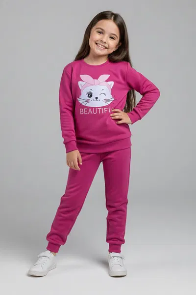 Kız Çocuk Fuşya Baskılı Eşofman Takımı - 28175-FUSYA 