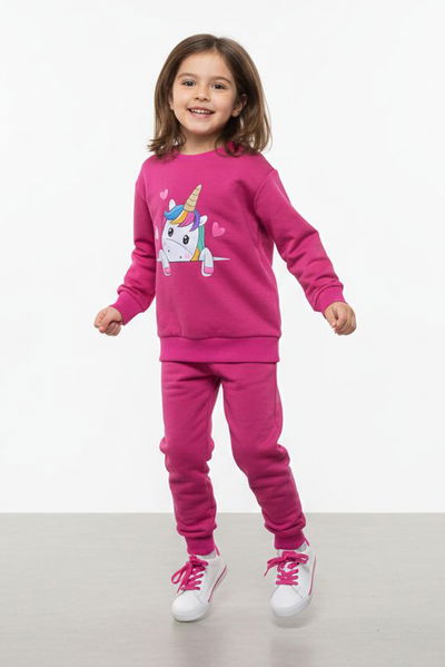 Kız Çocuk Fuşya Baskılı Eşofman Takımı - 28176-FUSYA 
