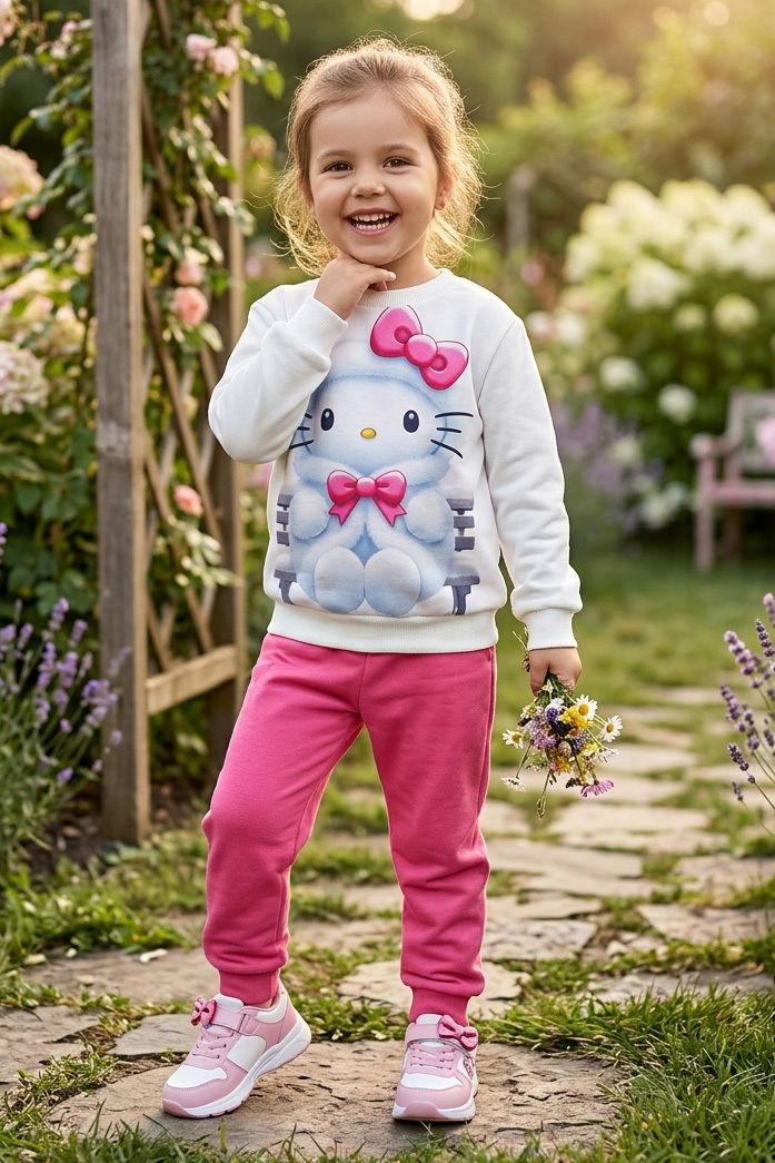 Kız Çocuk Fuşya Baskılı İki İplik Çocuk Pijama Takımı - 28347-FUSYA - 1