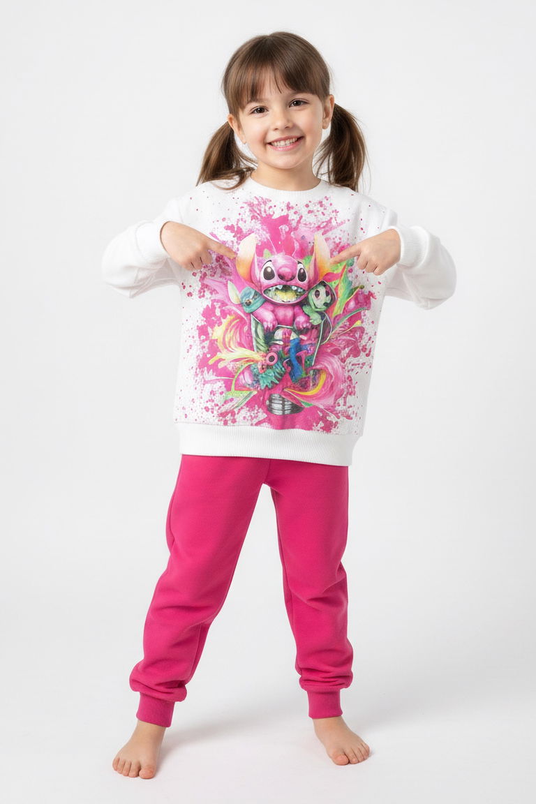 Kız Çocuk Fuşya Baskılı Pijama Takımı - 28096-FUSYA - TOFİSA