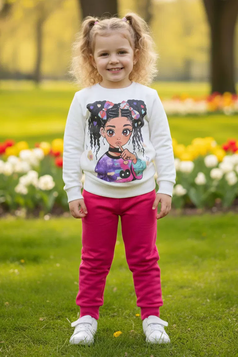 Kız Çocuk Fuşya Baskılı Pijama Takımı - 28108-FUSYA - TOFİSA