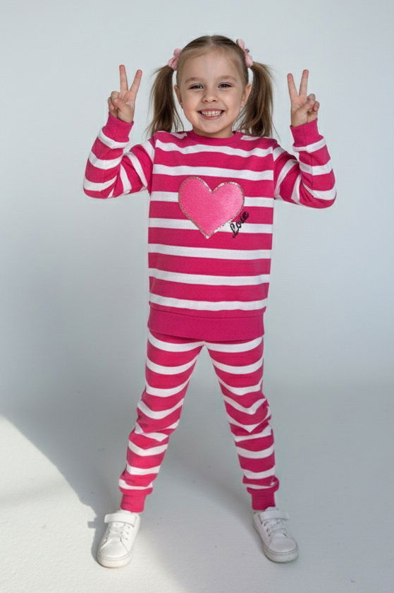 Kız Çocuk Fuşya Çizgili Nakışlı İki İplik İkili Takım - 28010-FUSYA - 1