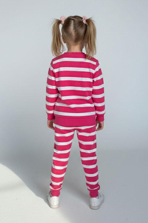 Kız Çocuk Fuşya Çizgili Nakışlı İki İplik İkili Takım - 28010-FUSYA - 2