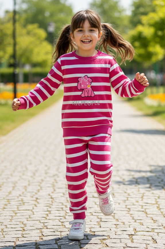 Kız Çocuk Fuşya Çizgili Nakışlı İki İplik İkili Takım - 28011-FUSYA - 1