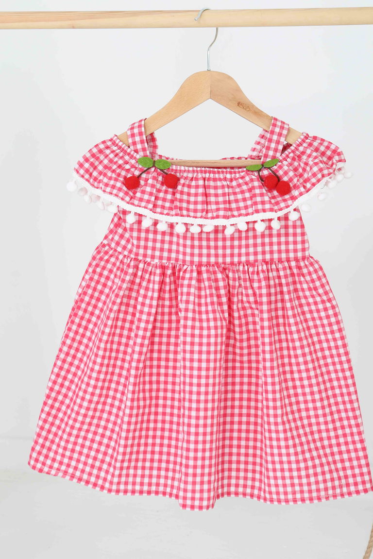 Kız Çocuk Fuşya Kirazlı Elbise - 27164 - TOFİSA