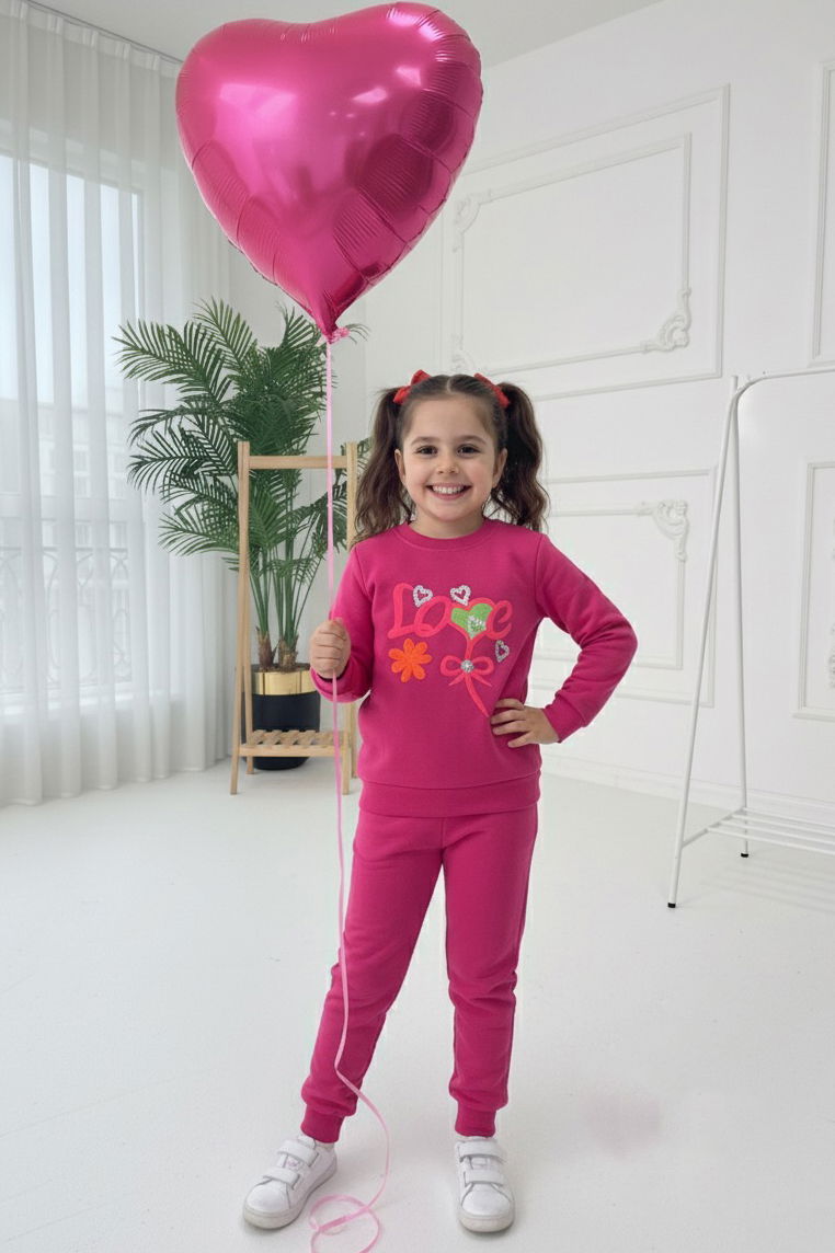 Kız Çocuk Fuşya Nakışlı İki İplik İkili Takım - 27971-FUSYA - TOFİSA