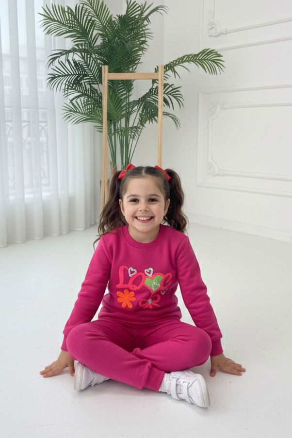 Kız Çocuk Fuşya Nakışlı İki İplik İkili Takım - 27971-FUSYA - 2