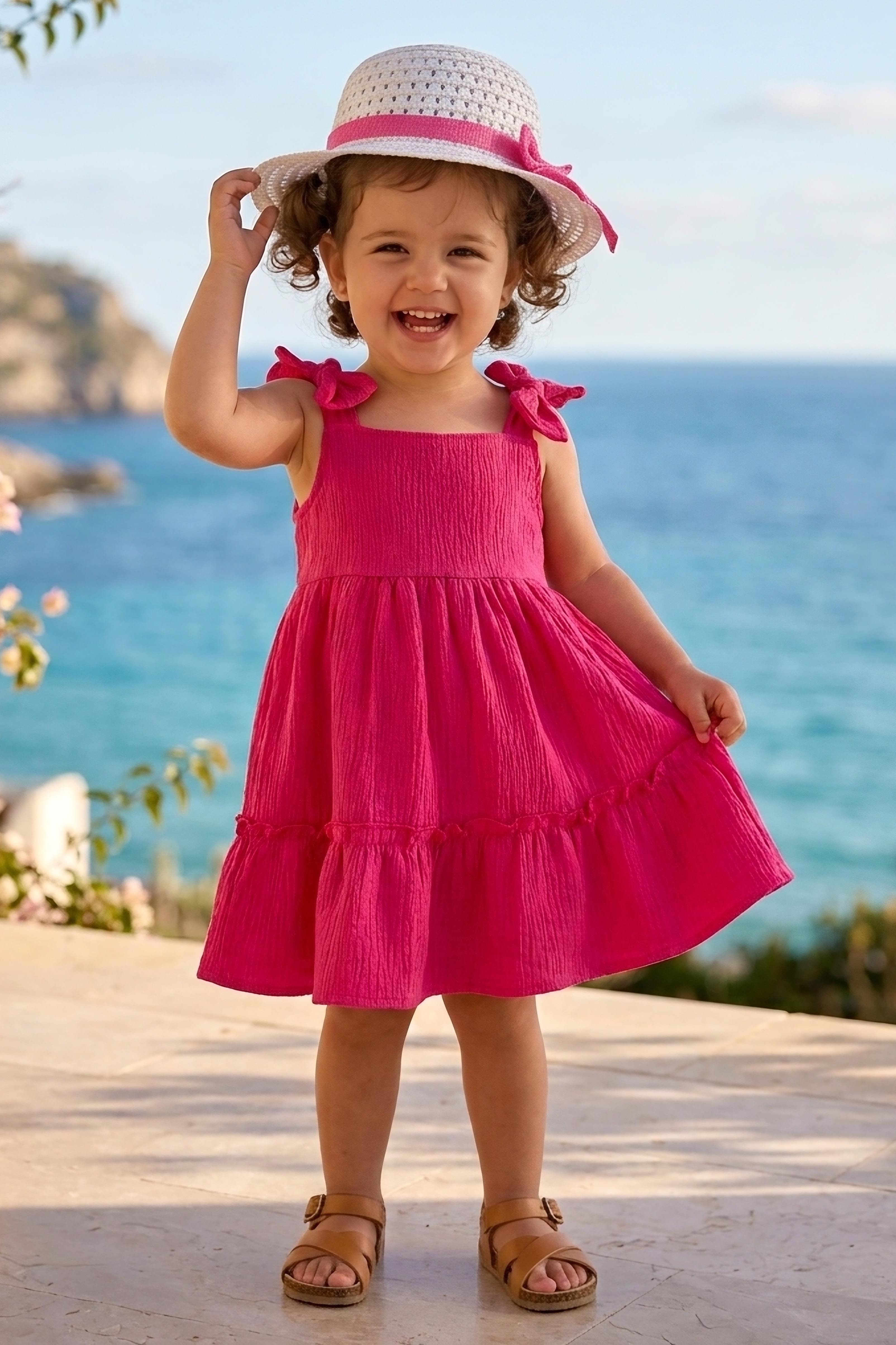 Kız Çocuk Fuşya Şapkalı Bürümcük Elbise - 28350-FUSYA - 1