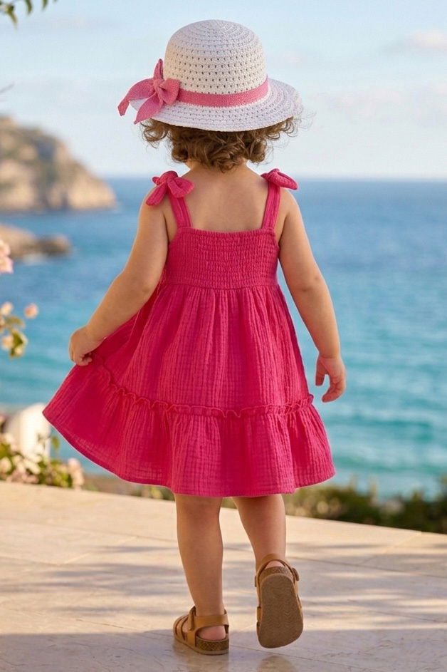 Kız Çocuk Fuşya Şapkalı Bürümcük Elbise - 28350-FUSYA - 2