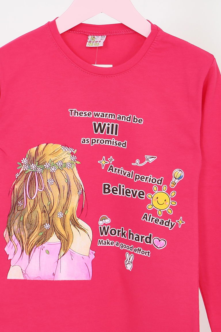 Kız Çocuk Fusya Uzun Kollu Baskılı Penye Badi - 27697 - TOFİSA