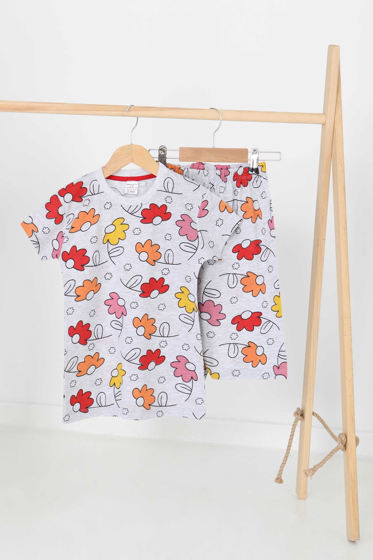 Kız Çocuk Gri Baskılı Şortlu Takım - 27172 - TOFİSA