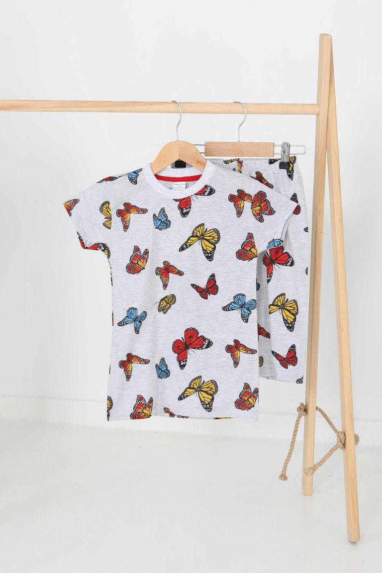 Kız Çocuk Gri Baskılı Şortlu Takım - 27175 - TOFİSA