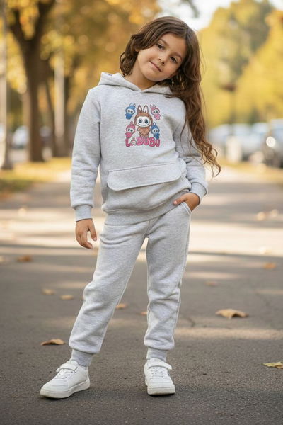 Kız Çocuk Gri Baskılı Üç iplik Eşofman Takımı - 28153-GRI 