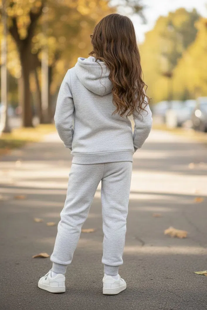 Kız Çocuk Gri Baskılı Üç iplik Eşofman Takımı - 28153-GRI - TOFİSA