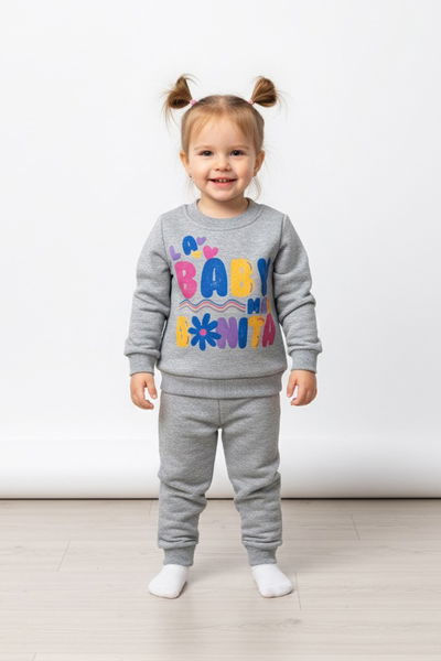 Kız Çocuk Gri Baskılı Üç İplik Şardonlu Takım - 27964-GRI 