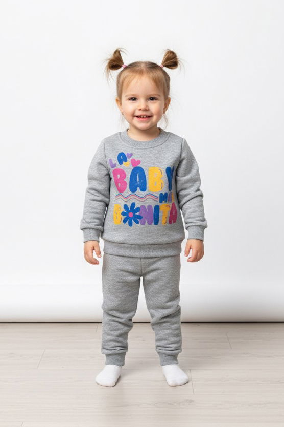 Kız Çocuk Gri Baskılı Üç İplik Şardonlu Takım - 27964-GRI - TOFİSA