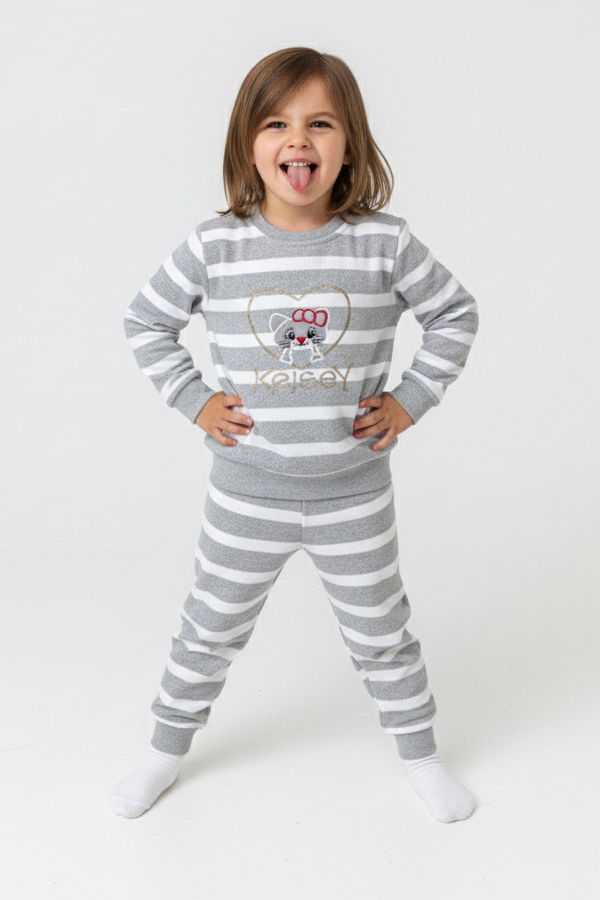 Kız Çocuk Gri Çizgili Nakışlı İki İplik İkili Takım - 27976-GRI - TOFİSA