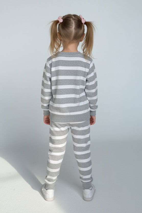 Kız Çocuk Gri Çizgili Nakışlı İki İplik İkili Takım - 28010-GRI - 2