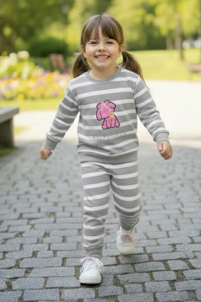 Kız Çocuk Gri Çizgili Nakışlı İki İplik İkili Takım - 28011-GRI 