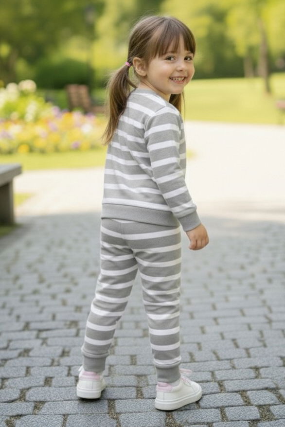 Kız Çocuk Gri Çizgili Nakışlı İki İplik İkili Takım - 28011-GRI - TOFİSA