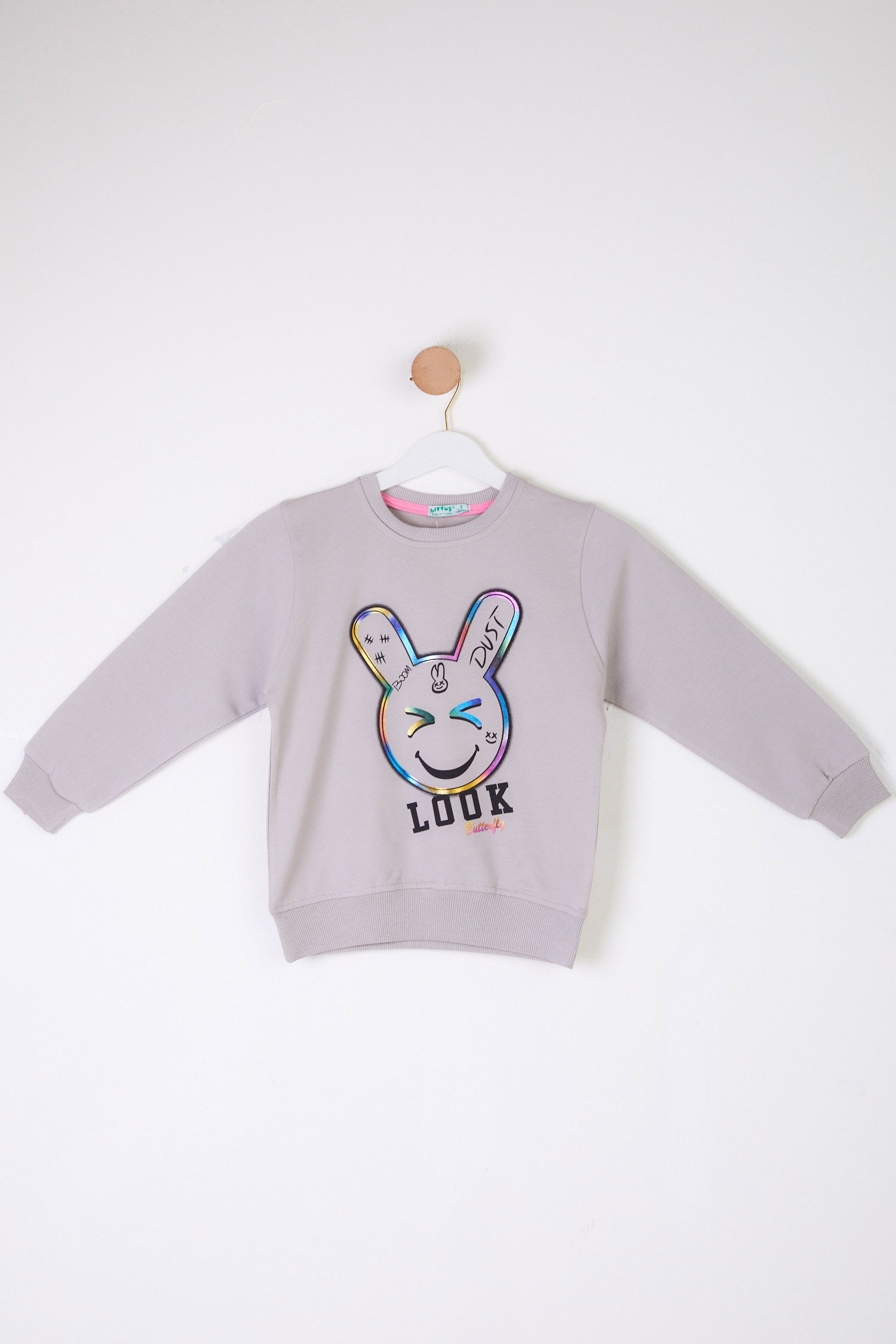 Kız Çocuk Gri Gülen Yüz Sweatshirt - 26107 - 1