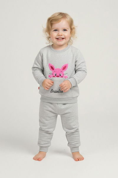 Kız Çocuk Gri Kanguru Cepli Takım - 28190-GRI 