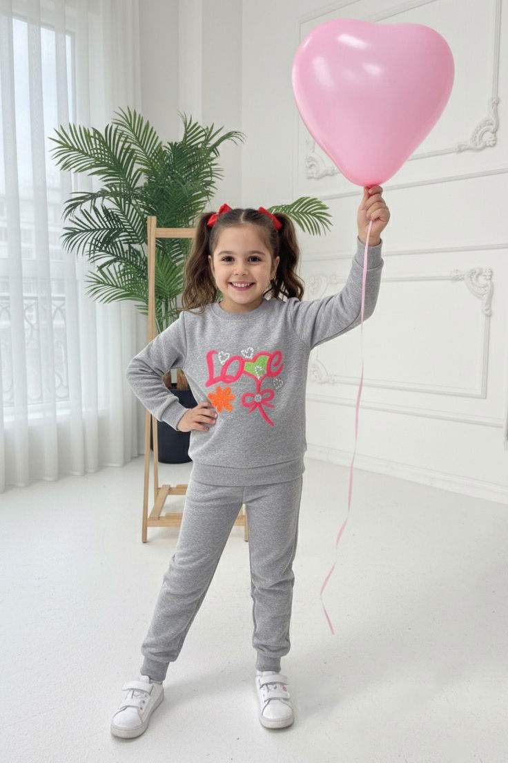 Kız Çocuk Gri Nakışlı İki İplik İkili Takım - 27971-GRI - TOFİSA