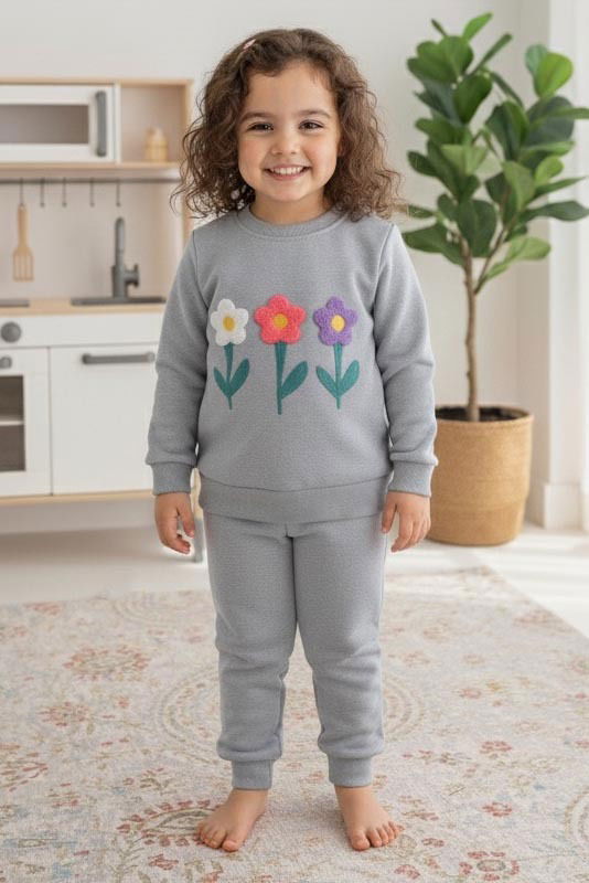Kız Çocuk Gri Nakışlı İki İplik İkili Takım - 27972-GRI - 1