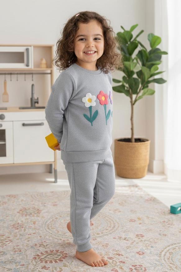 Kız Çocuk Gri Nakışlı İki İplik İkili Takım - 27972-GRI - 2