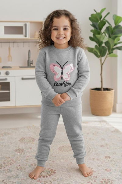 Kız Çocuk Gri Nakışlı İki İplik İkili Takım - 27974-GRI 