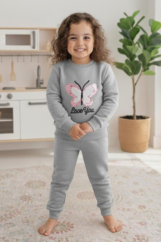 Kız Çocuk Gri Nakışlı İki İplik İkili Takım - 27974-GRI - TOFİSA