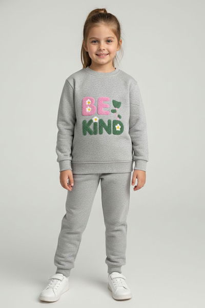 Kız Çocuk Gri Nakışlı İki İplik Takım - 28147-GRI 