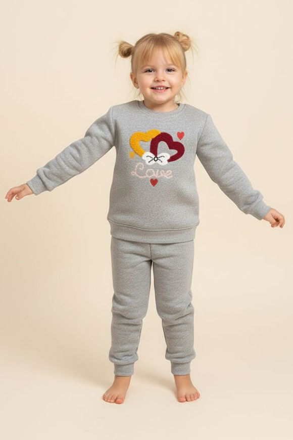Kız Çocuk Gri Nakışlı İki İplik Takım - 28149-GRI - TOFİSA