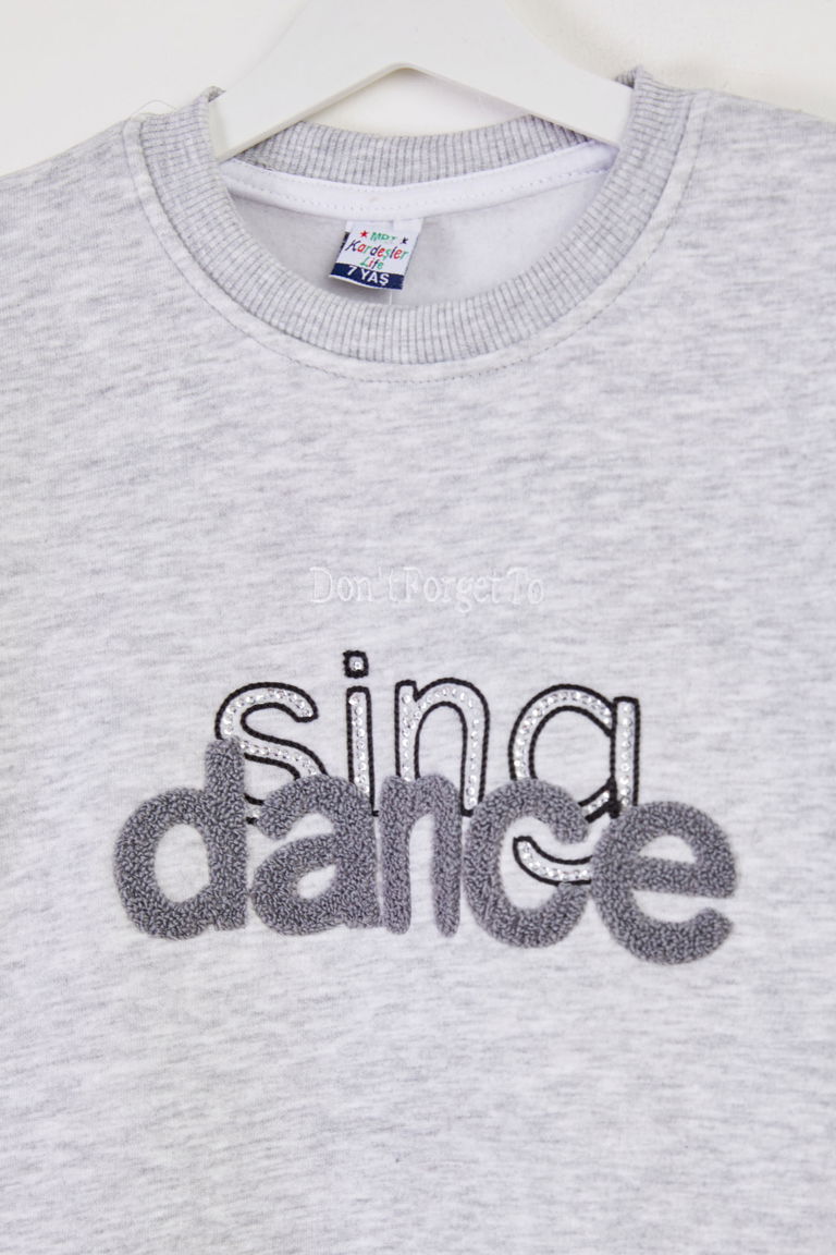 Kız Çocuk Gri Nakışlı Sweatshirt - 26457 - TOFİSA