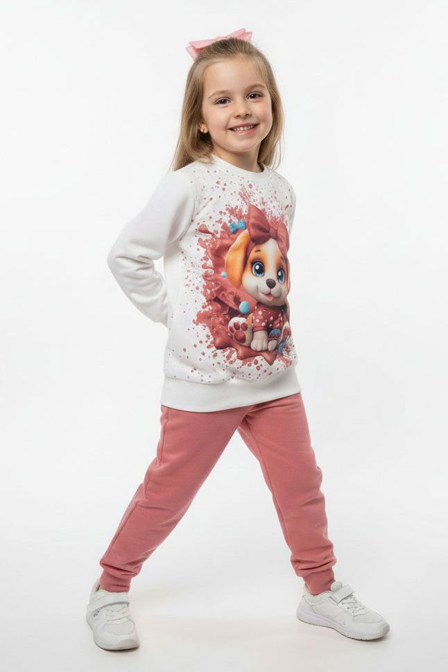 Kız Çocuk Gül Baskılı Pijama Takımı - 28166-GUL - 1