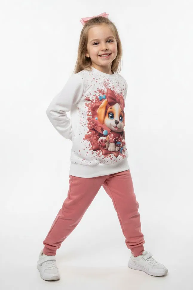 Kız Çocuk Gül Baskılı Pijama Takımı - 28166-GUL - TOFİSA