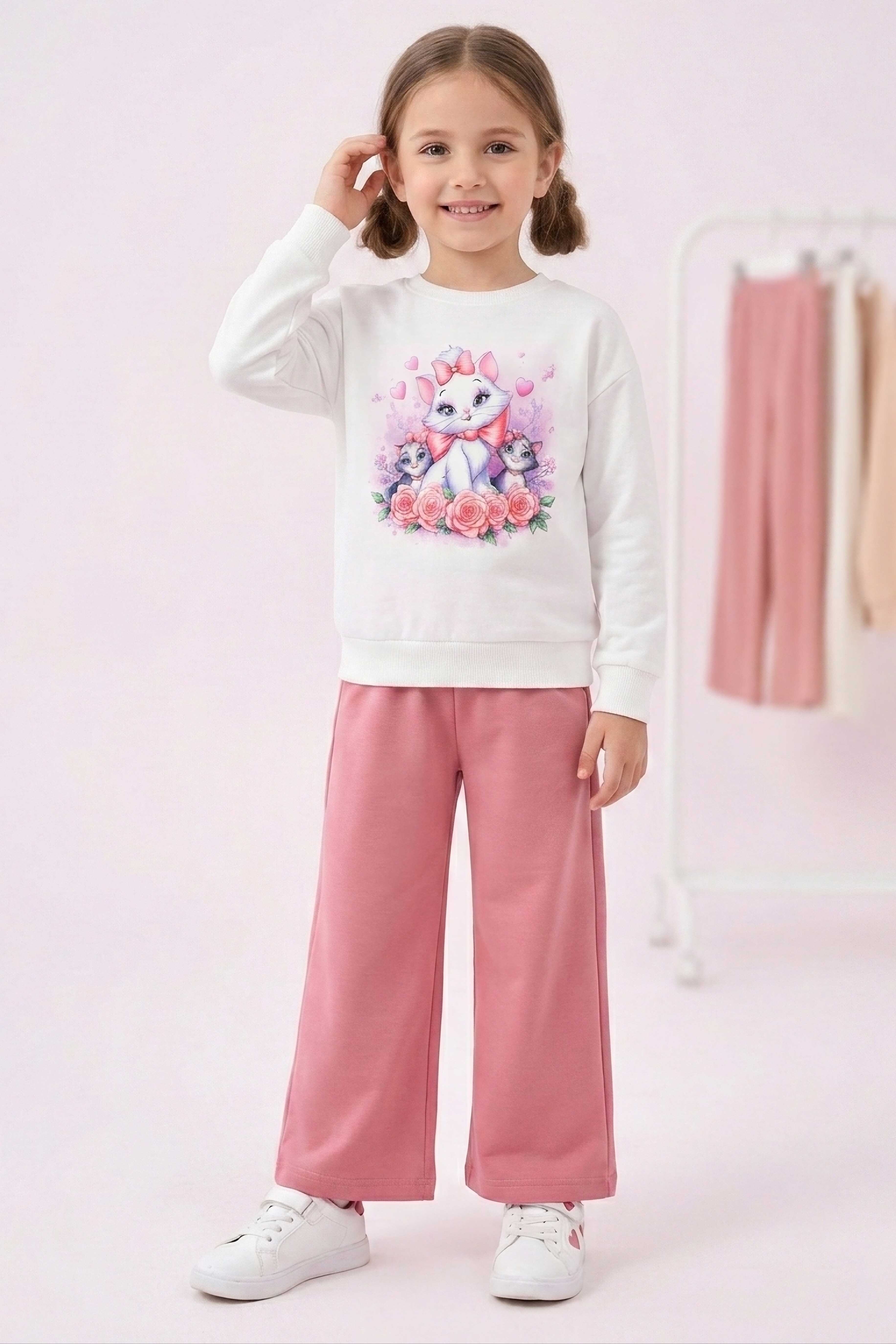 Kız Çocuk Gül Baskılı Pijama Takımı - 28304-GUL - 1