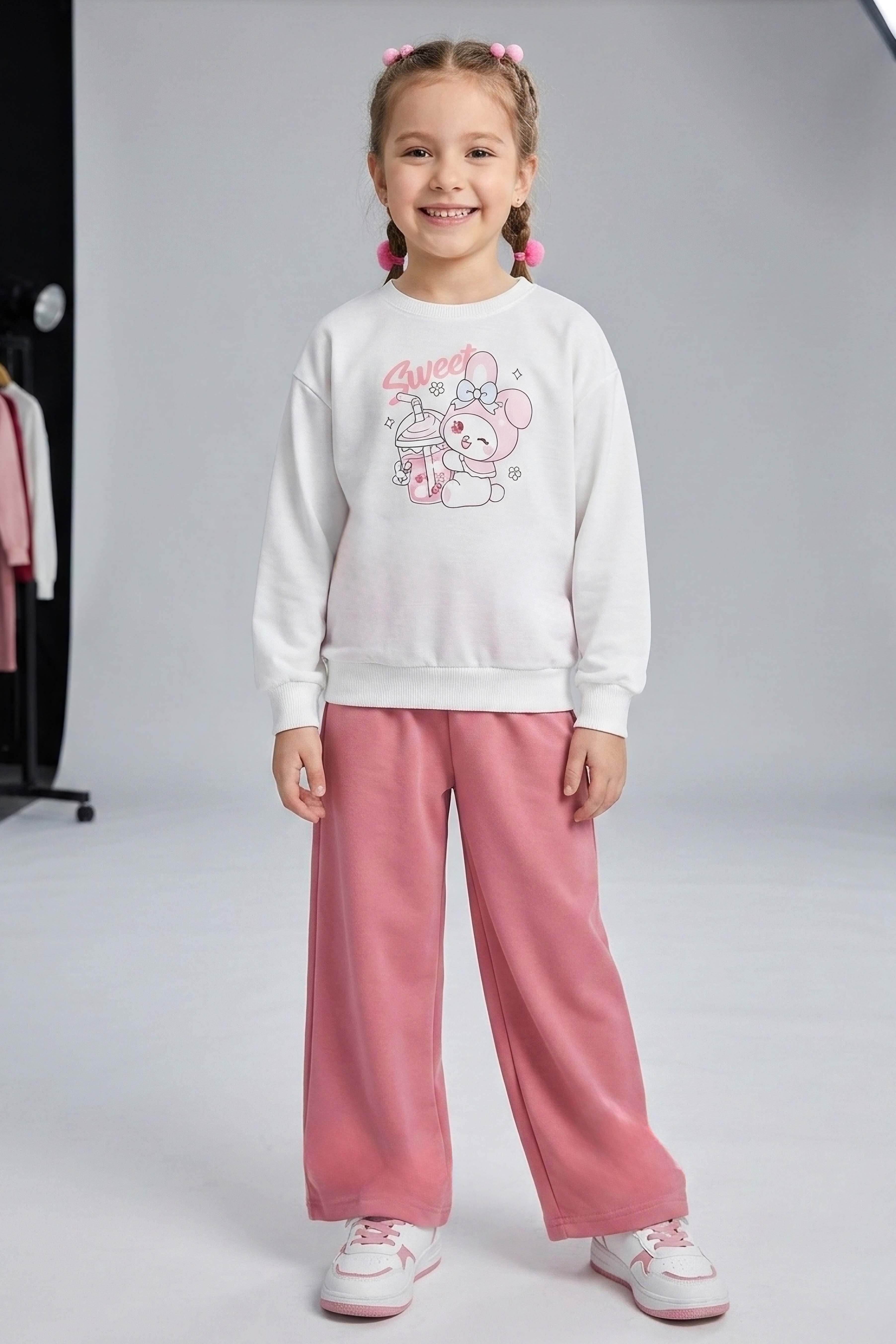 Kız Çocuk Gül Baskılı Pijama Takımı - 28305-GUL - 1