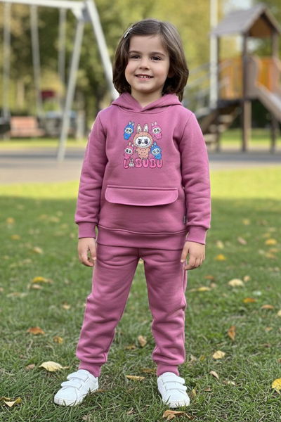 Kız Çocuk Gül Baskılı Üç iplik Eşofman Takımı - 28153-GUL 