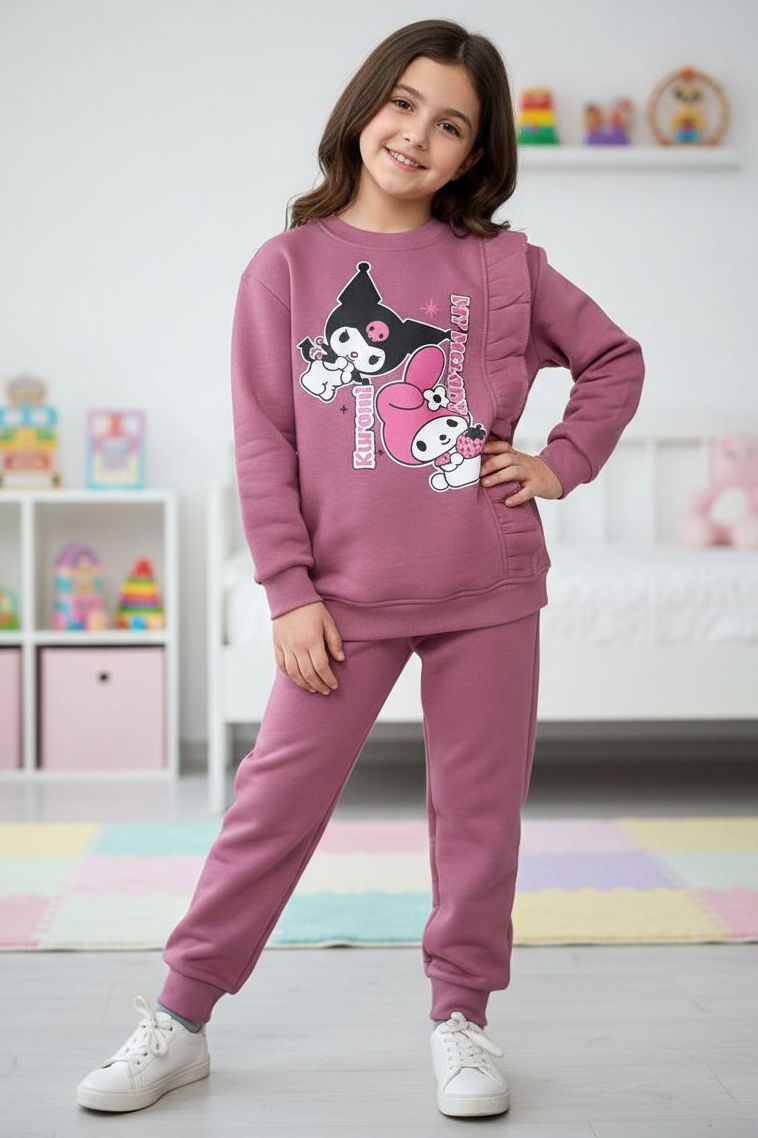 Kız Çocuk Gül Baskılı Üç iplik Eşofman Takımı - 28154-GUL - TOFİSA