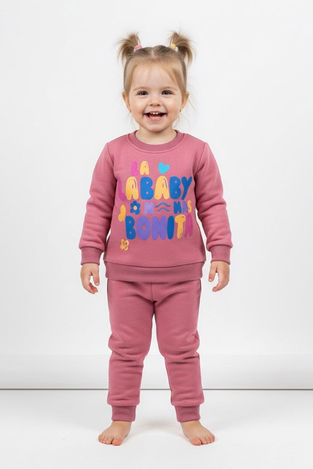 Kız Çocuk Gül Baskılı Üç İplik Şardonlu Takım - 27964-GUL - 1