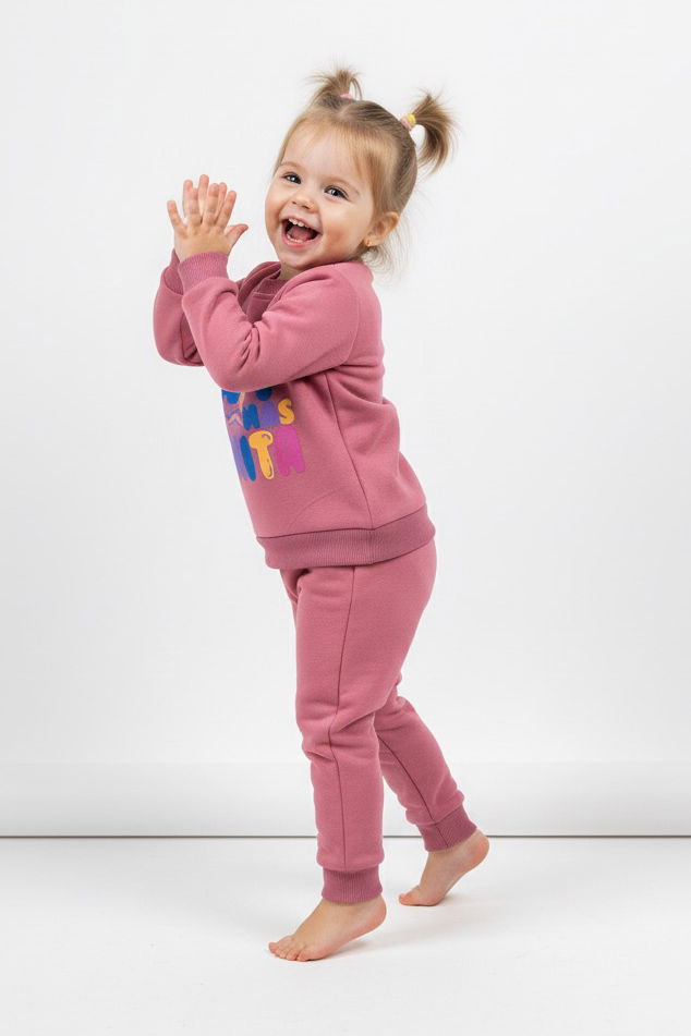 Kız Çocuk Gül Baskılı Üç İplik Şardonlu Takım - 27964-GUL - 2