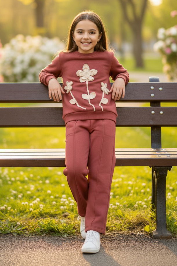 Kız Çocuk Gül Çiçek Nakış Detaylı Üç İplik Takım - 27956-GUL